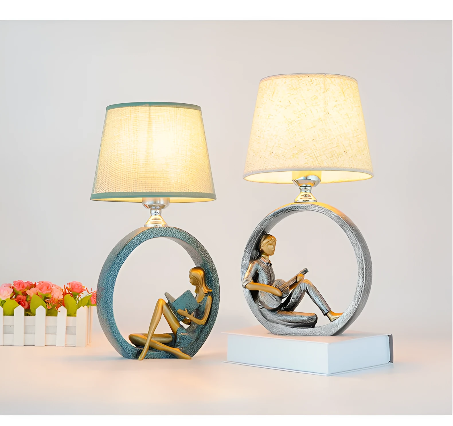 Blue cloth lampshade reading table lamp on desk with resin base, 20x39.8cm, E27 socket