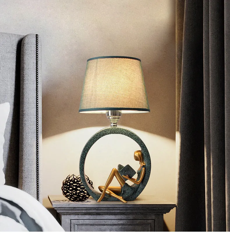 Blue cloth lampshade reading table lamp on desk with resin base, 20x39.8cm, E27 socket