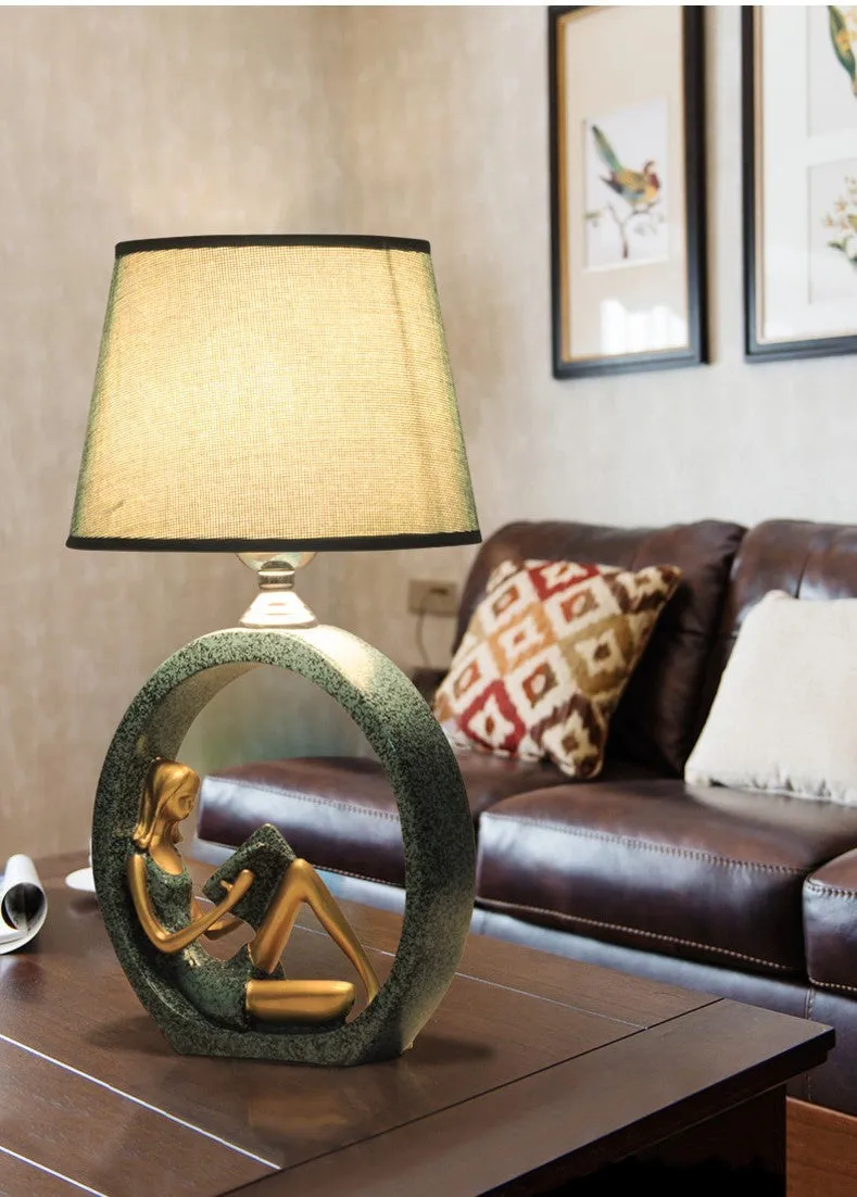 Blue cloth lampshade reading table lamp on desk with resin base, 20x39.8cm, E27 socket