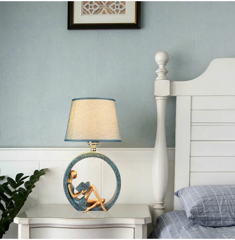 Blue cloth lampshade reading table lamp on desk with resin base, 20x39.8cm, E27 socket