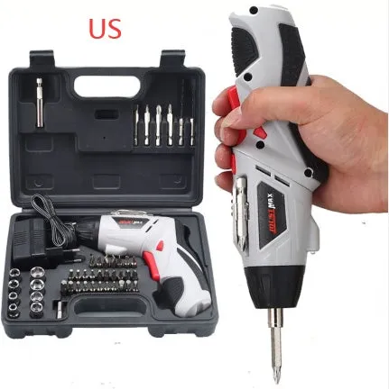 4.8V rechargeable electric screwdriver set with blue body, rotating handle, and battery indicator light on a grey background