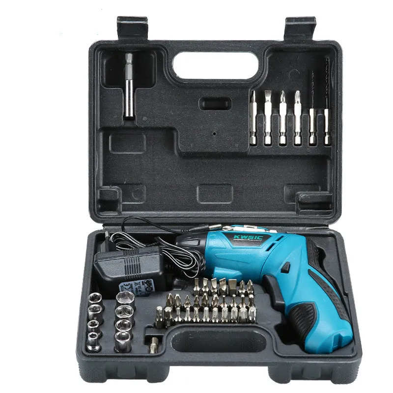 4.8V rechargeable electric screwdriver set with blue body, rotating handle, and battery indicator light on a grey background