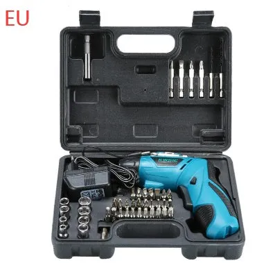 4.8V rechargeable electric screwdriver set with blue body, rotating handle, and battery indicator light on a grey background