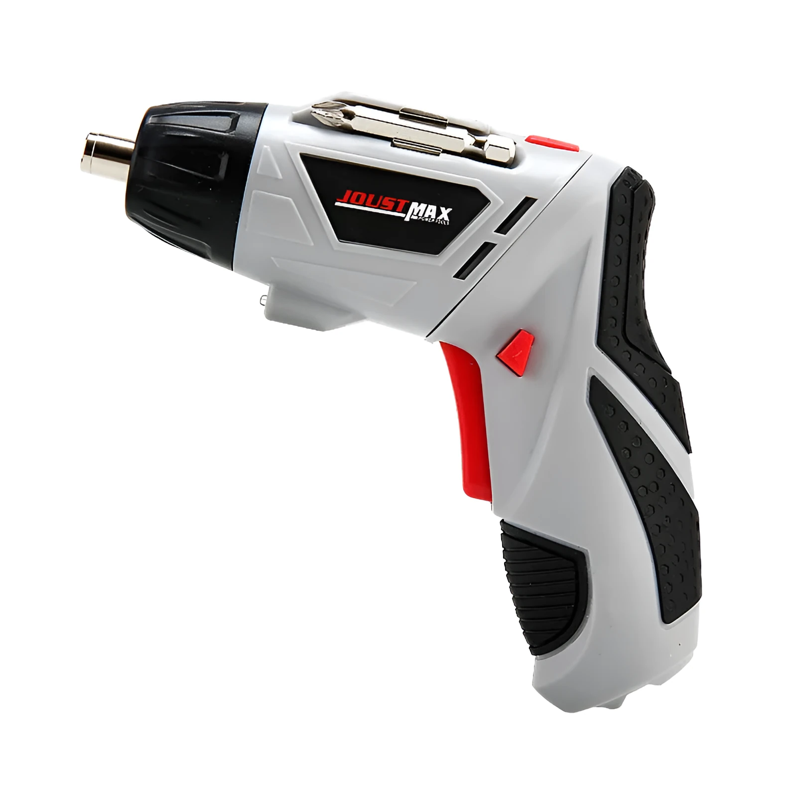 4.8V rechargeable electric screwdriver set with blue body, rotating handle, and battery indicator light on a grey background