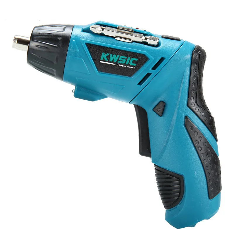 4.8V rechargeable electric screwdriver set with blue body, rotating handle, and battery indicator light on a grey background