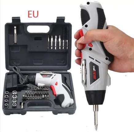 4.8V rechargeable electric screwdriver set with blue body, rotating handle, and battery indicator light on a grey background
