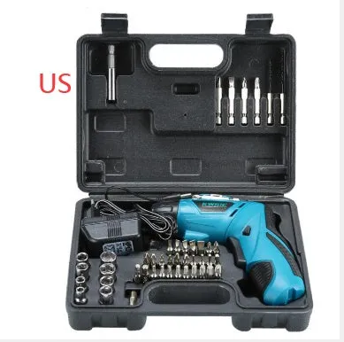 4.8V rechargeable electric screwdriver set with blue body, rotating handle, and battery indicator light on a grey background