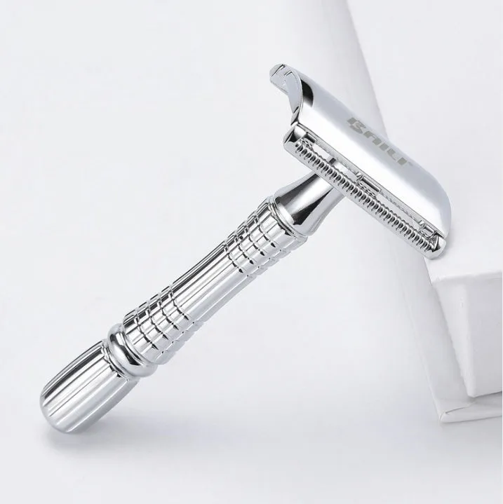 Silver grey safety double edge razor with non-slip handle and closed comb head
