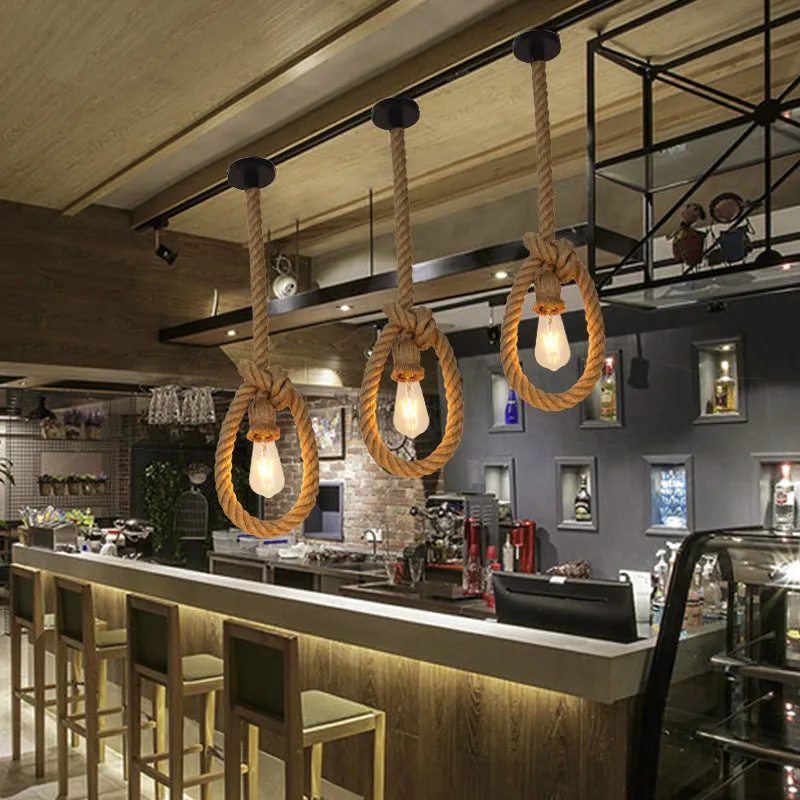Hemp rope chandelier with grass vine body, single head, retro industrial style for bar restaurant loft