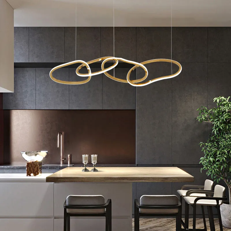 Postmodern minimalist iron and grass rattan chandelier with four rings, length 100 cm, for dining room