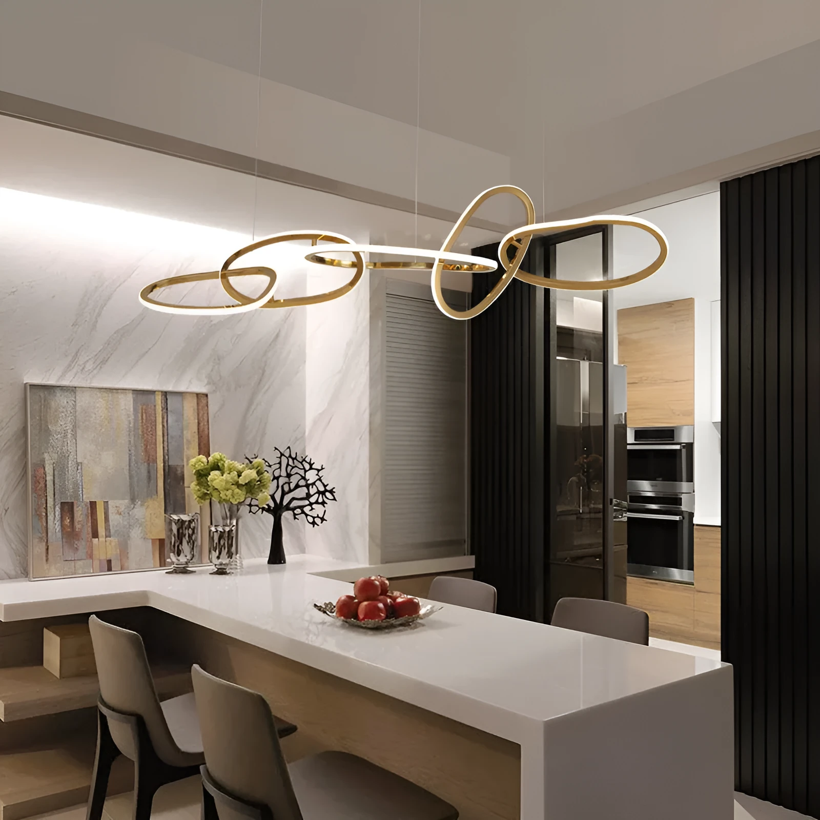 Postmodern minimalist iron and grass rattan chandelier with four rings, length 100 cm, for dining room