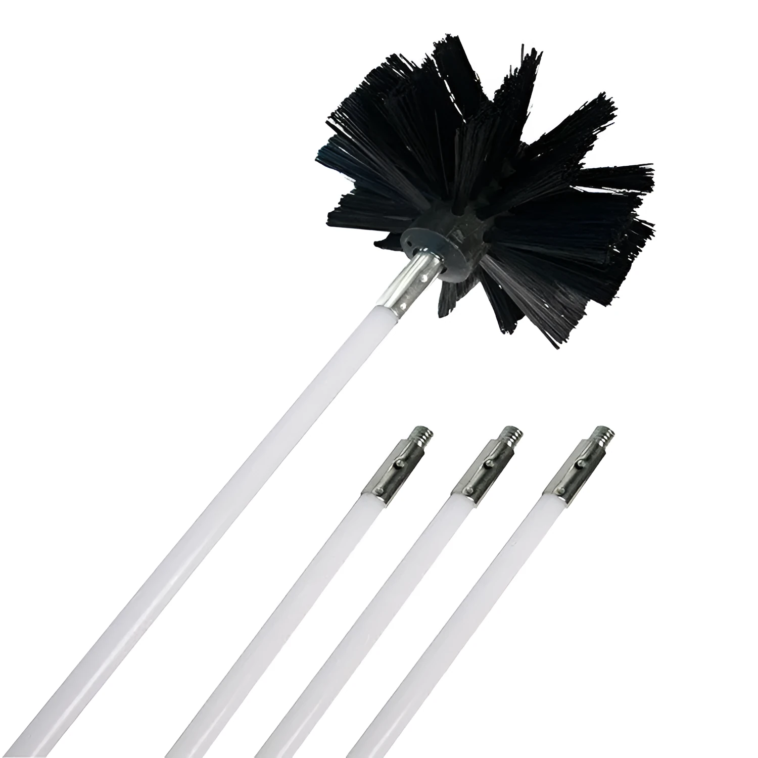 Pipe cleaning brush set with six nylon rods and 100mm diameter galvanised iron wire brush head in blister packaging