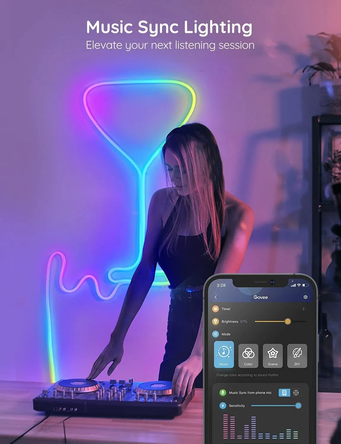 24V RGBIC music neon light strip with Bluetooth and WiFi, 3 metre 252 LED option, multicolour display