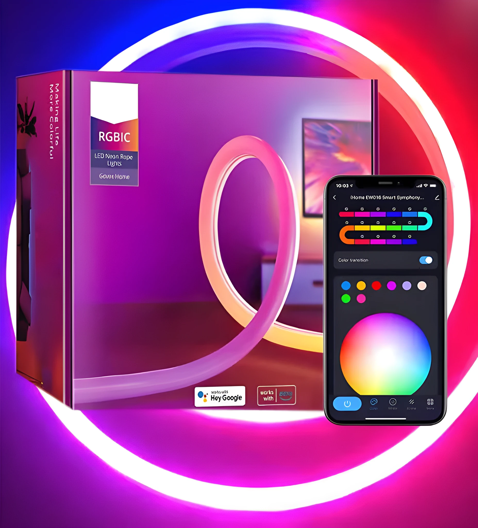 24V RGBIC music neon light strip with Bluetooth and WiFi, 3 metre 252 LED option, multicolour display