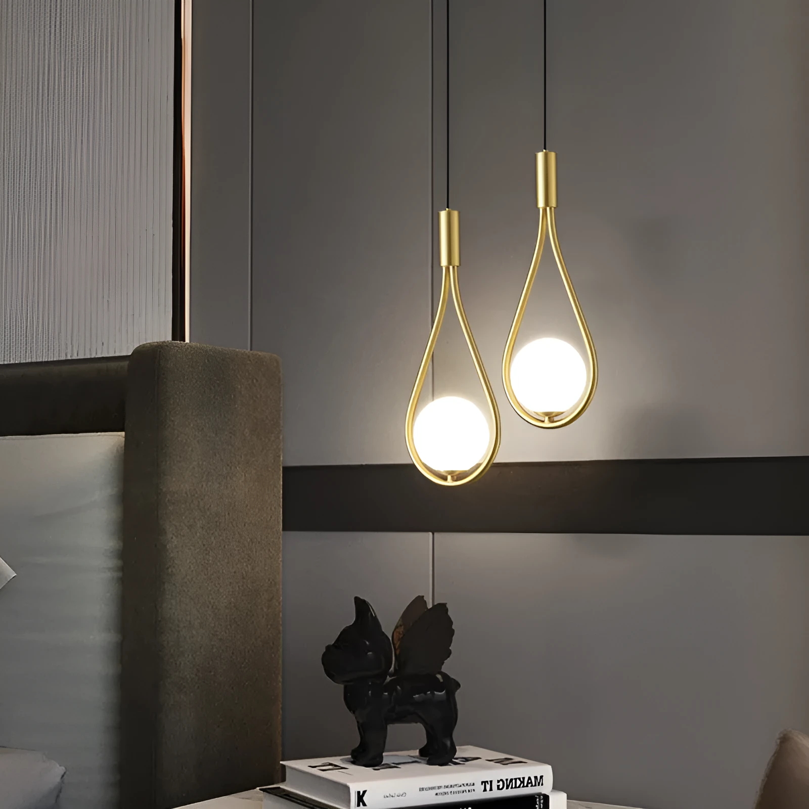Modern minimalist copper finish bedside chandelier lamp for bedroom lighting