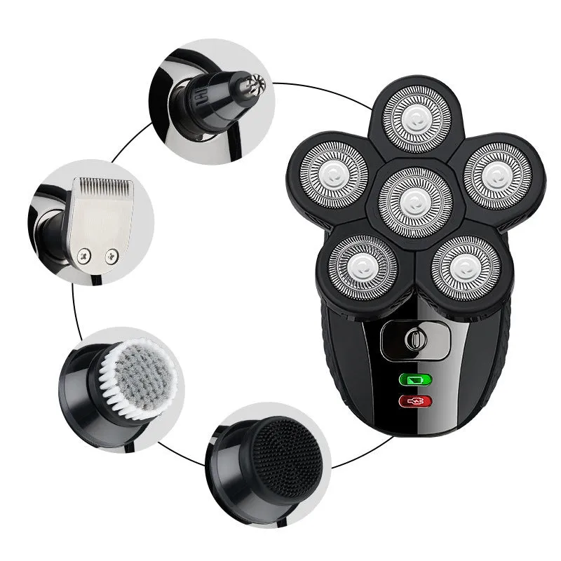 Men's rechargeable electric shaver with IPX6 waterproof rating, USB charging, and 90-minute runtime, in five in one or stand alone model