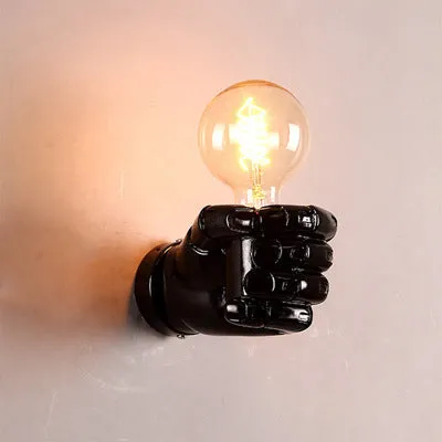 Resin wall lamp shaped like a clenched fist in black, white, or wood grain finish for bar or corridor decoration.