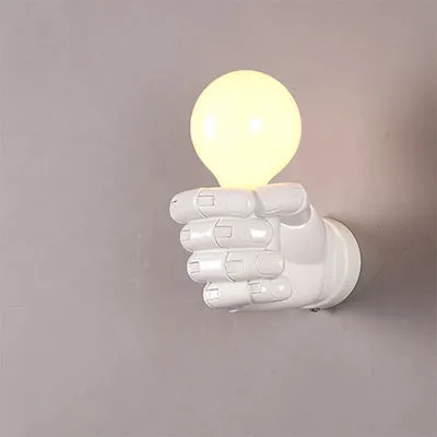 Resin wall lamp shaped like a clenched fist in black, white, or wood grain finish for bar or corridor decoration.