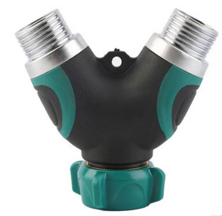 Y type double-pass splitter, green, plastic body with TPR encapsulation, zinc alloy outlets, 94x91x55mm