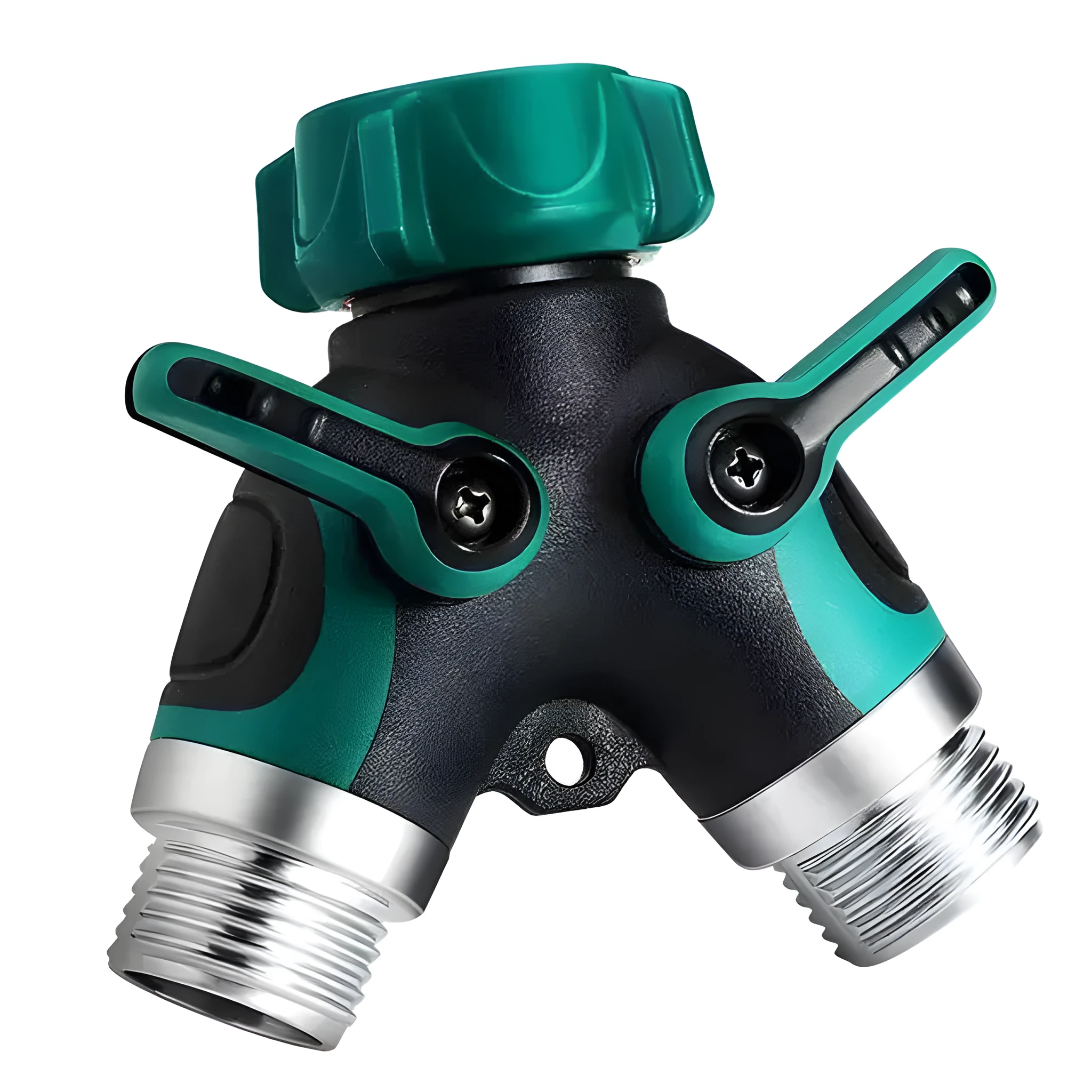 Y type double-pass splitter, green, plastic body with TPR encapsulation, zinc alloy outlets, 94x91x55mm