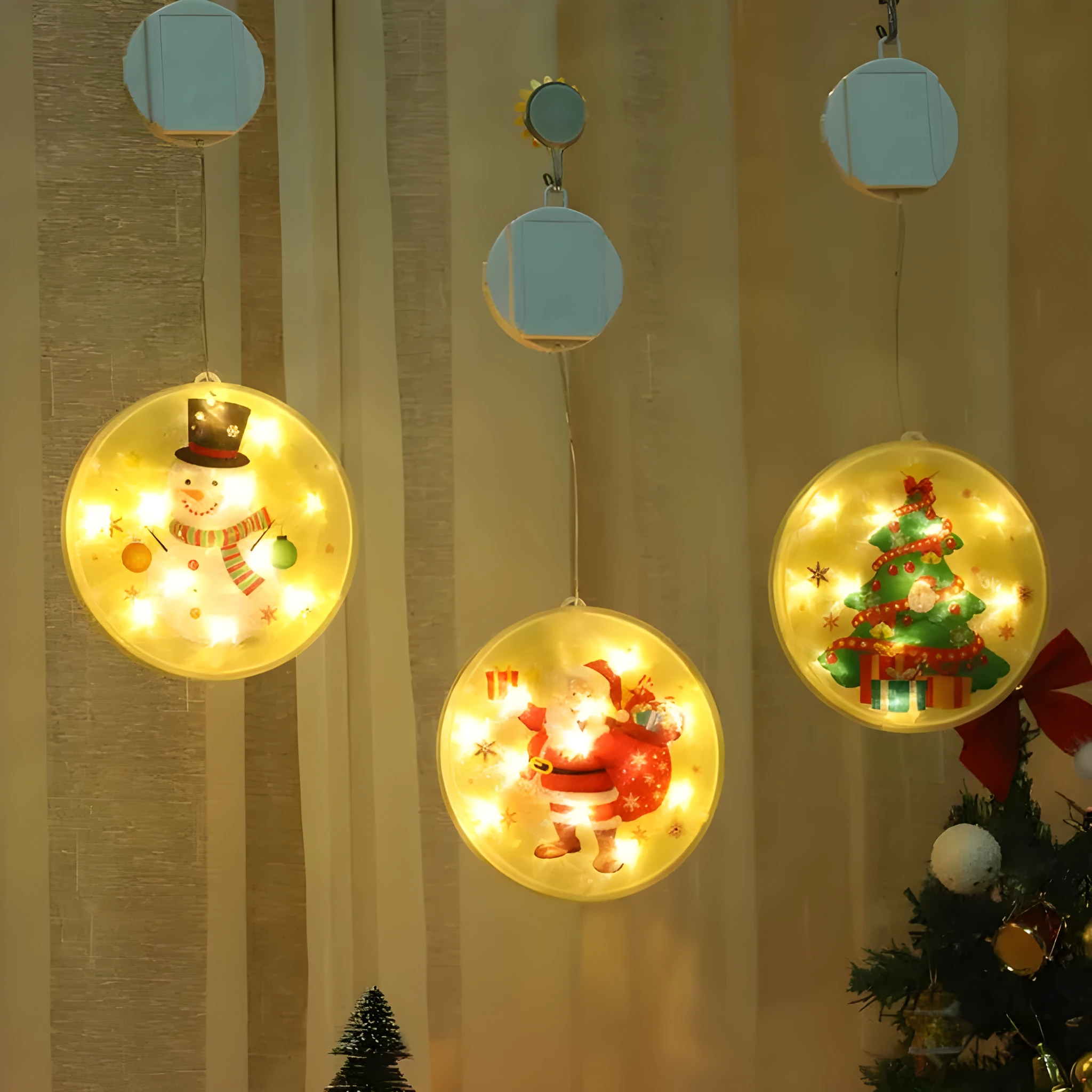Set of three LED Christmas hanging lights in warm white with plastic shell