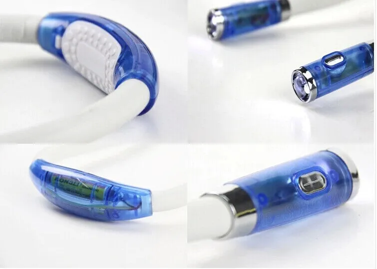 Flexible neck hug book light with LED reading lamp in three colour options: black, blue, green, and red on a table