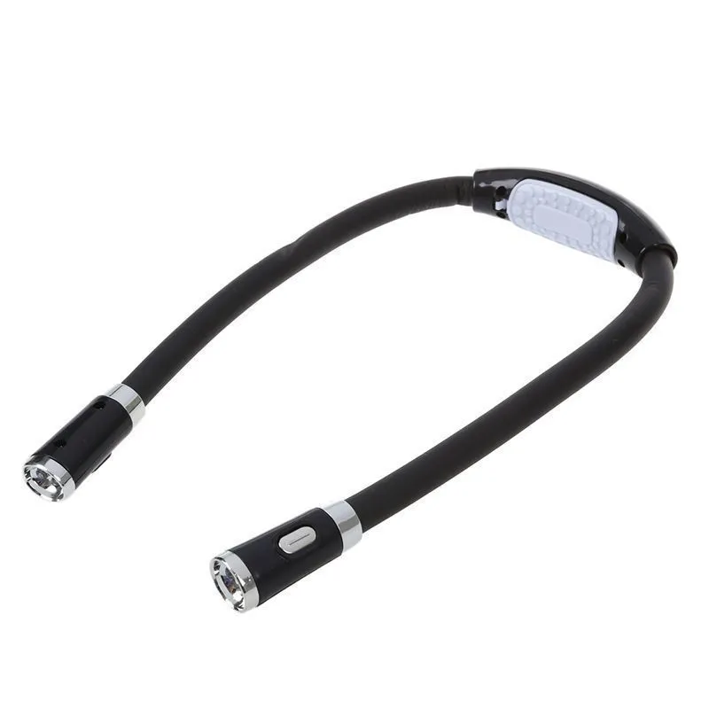 Flexible neck hug book light with LED reading lamp in three colour options: black, blue, green, and red on a table