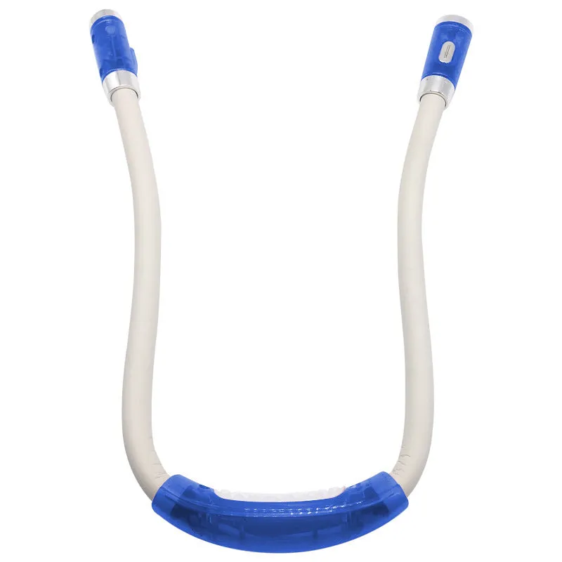 Flexible neck hug book light with LED reading lamp in three colour options: black, blue, green, and red on a table