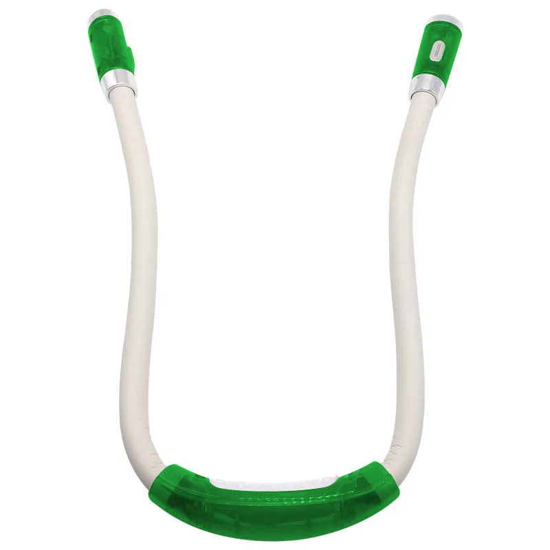 Flexible neck hug book light with LED reading lamp in three colour options: black, blue, green, and red on a table