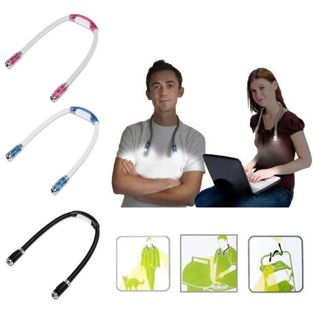 Flexible neck hug book light with LED reading lamp in three colour options: black, blue, green, and red on a table