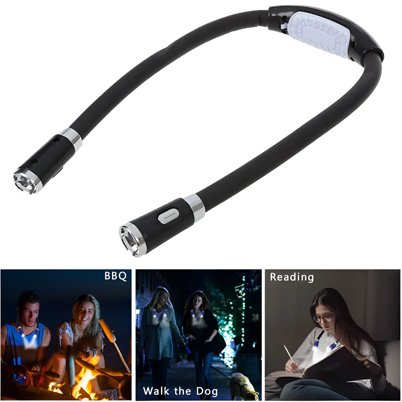 Flexible neck hug book light with LED reading lamp in three colour options: black, blue, green, and red on a table