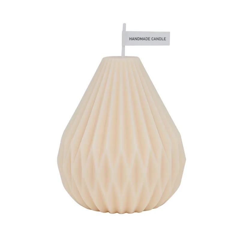 Handcrafted cylindrical soy wax scented candle with Nordic geometric lines and pear pattern in multiple colours