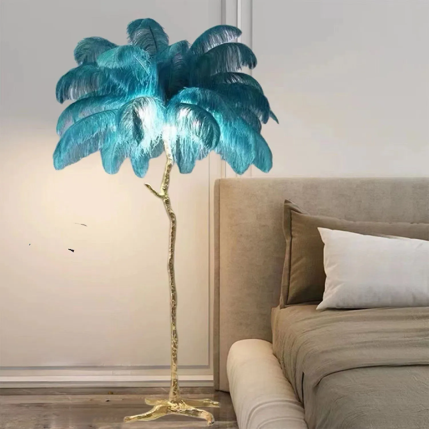Tall decorative floor lamp with resin feather details in choice of colours, standing 170cm high.