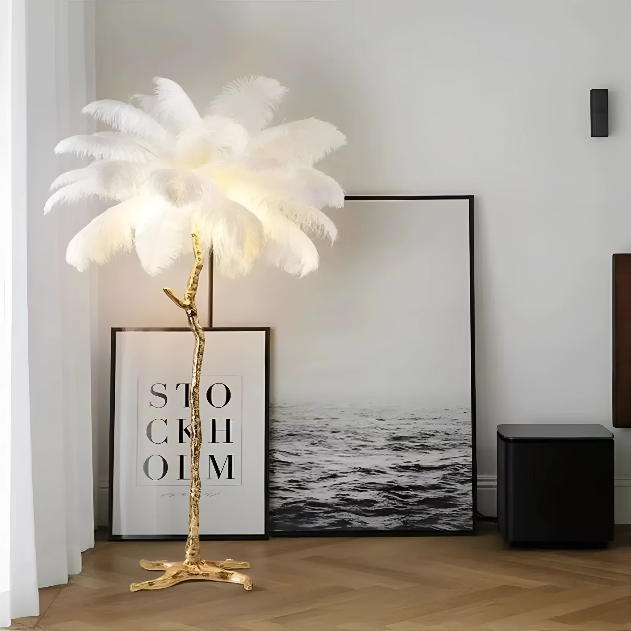 Tall decorative floor lamp with resin feather details in choice of colours, standing 170cm high.