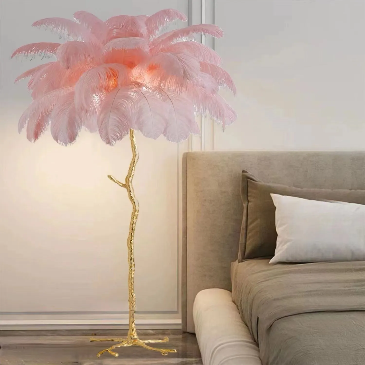 Tall decorative floor lamp with resin feather details in choice of colours, standing 170cm high.