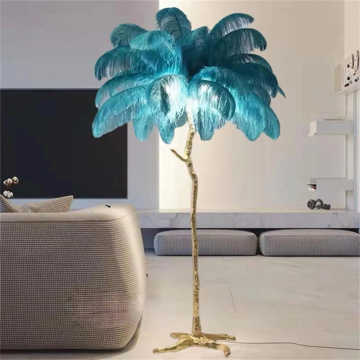 Tall decorative floor lamp with resin feather details in choice of colours, standing 170cm high.