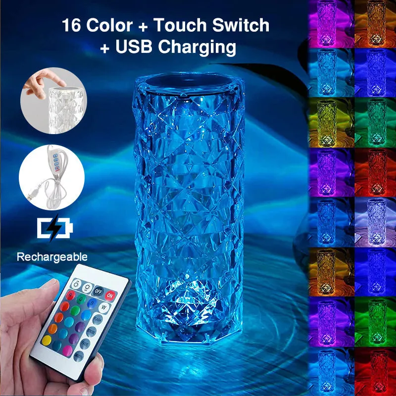 Creative Crystal Diamond Table Lamp with RGB16 colour touch rechargeable LED in diamond style