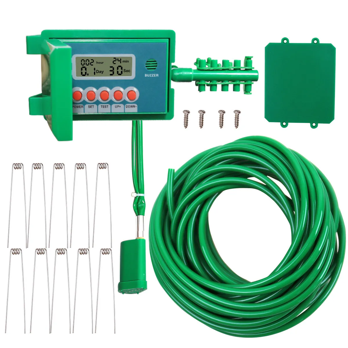 Green automatic micro drip irrigation watering kit with smart controller, 10m vinyl tube, and stainless steel spring pegs for indoor garden pots