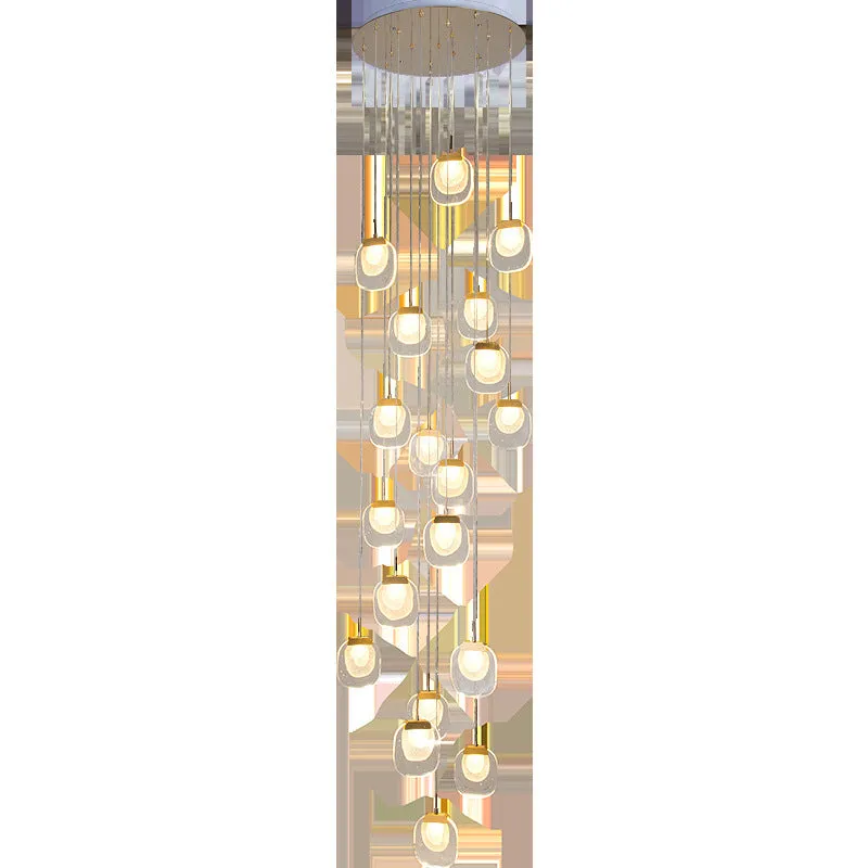 Postmodern crystal chandelier with six gold heads, stainless steel chassis, and adjustable cable on a ceiling