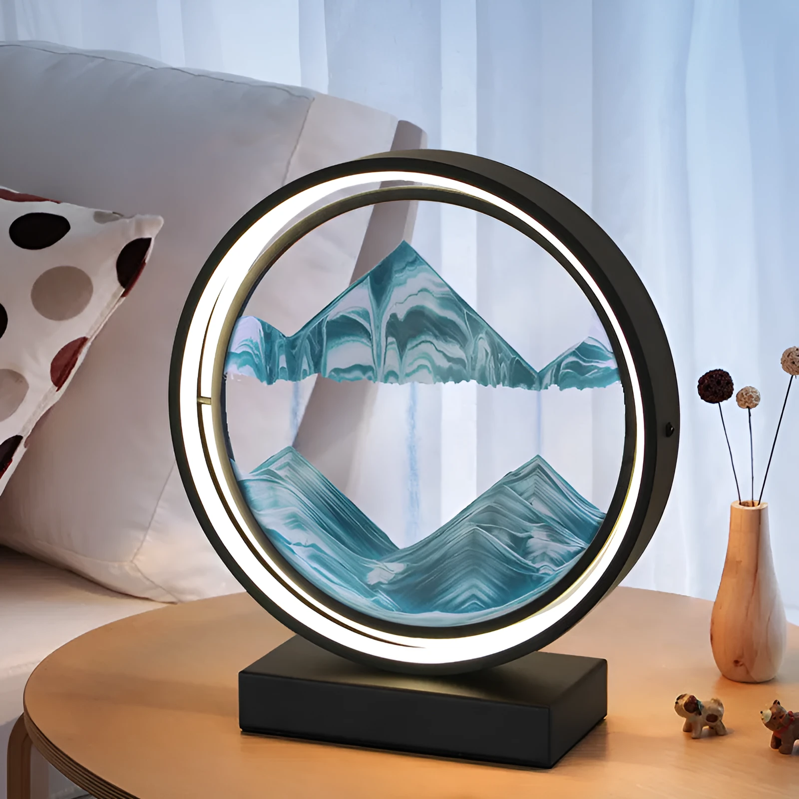 Creative quicksand table lamp with hardware body silicone lampshade and coloured sand in bedroom setting
