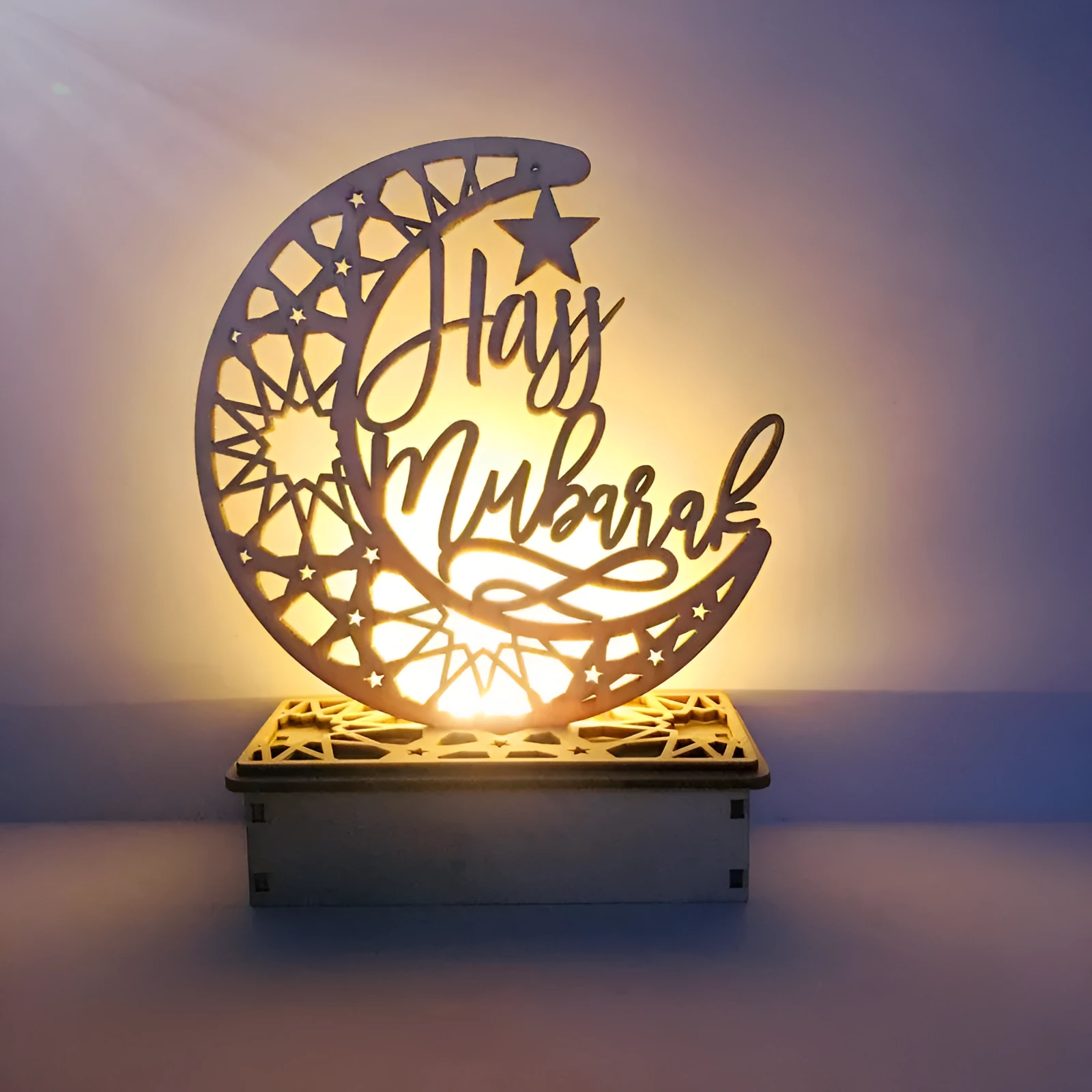 Wooden laser-cut basswood LED decoration featuring a moon-style palace design with Eid Mubarak text
