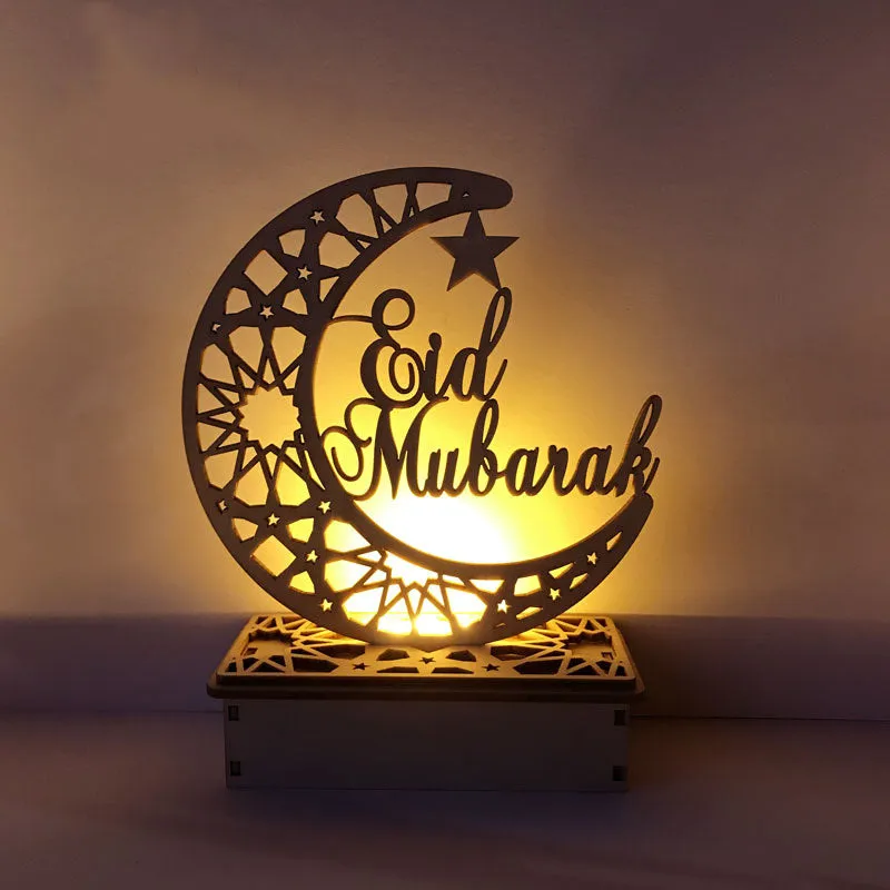 Wooden laser-cut basswood LED decoration featuring a moon-style palace design with Eid Mubarak text