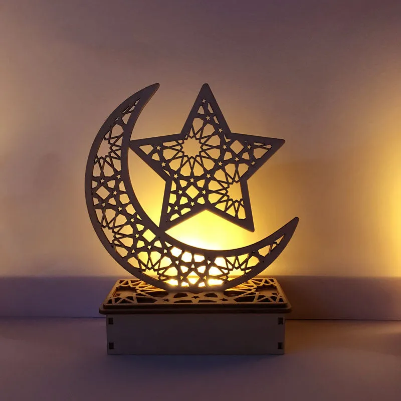 Wooden laser-cut basswood LED decoration featuring a moon-style palace design with Eid Mubarak text
