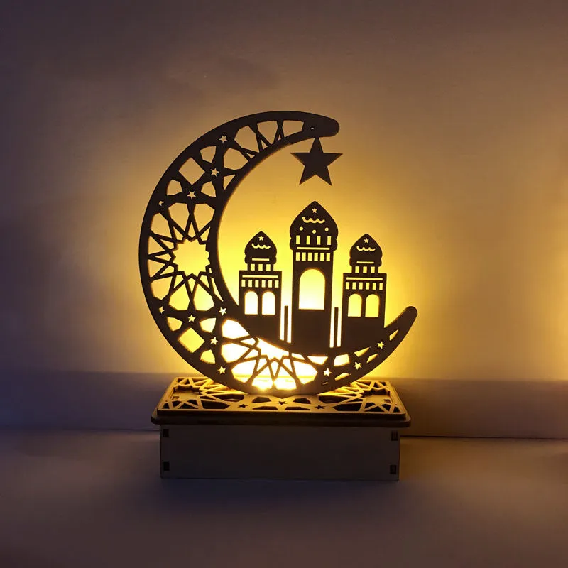 Wooden laser-cut basswood LED decoration featuring a moon-style palace design with Eid Mubarak text