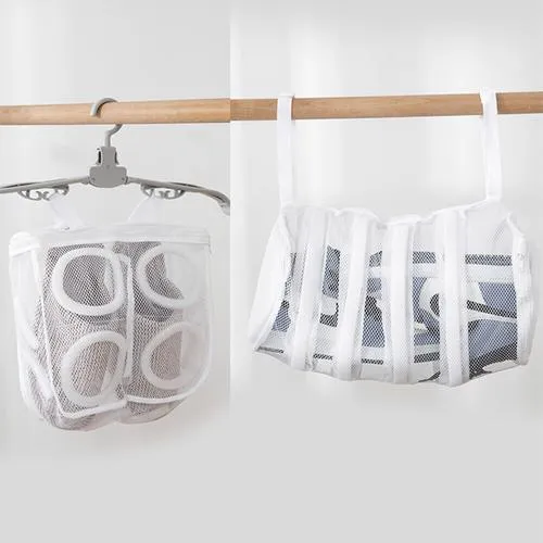 Large shoe washing bag with double-layer mesh, foam padding, hidden zipper, and lanyard separations in blue colour
