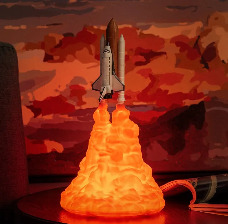 3D print rocket space shuttle lamp night light, 11 inch, PLA material, USB rechargeable, on display in a bedroom
