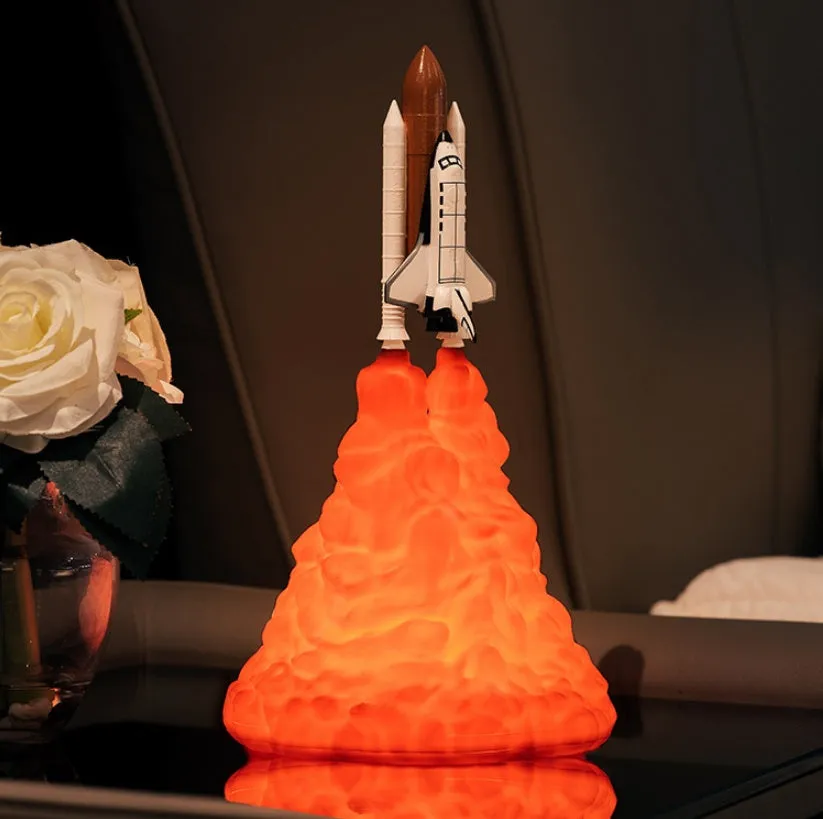 3D print rocket space shuttle lamp night light, 11 inch, PLA material, USB rechargeable, on display in a bedroom