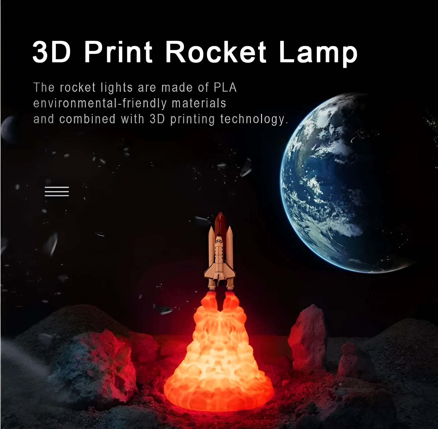 3D print rocket space shuttle lamp night light, 11 inch, PLA material, USB rechargeable, on display in a bedroom