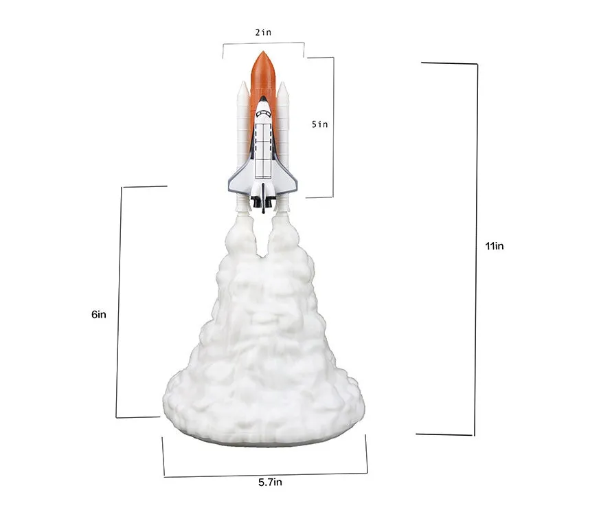 3D print rocket space shuttle lamp night light, 11 inch, PLA material, USB rechargeable, on display in a bedroom