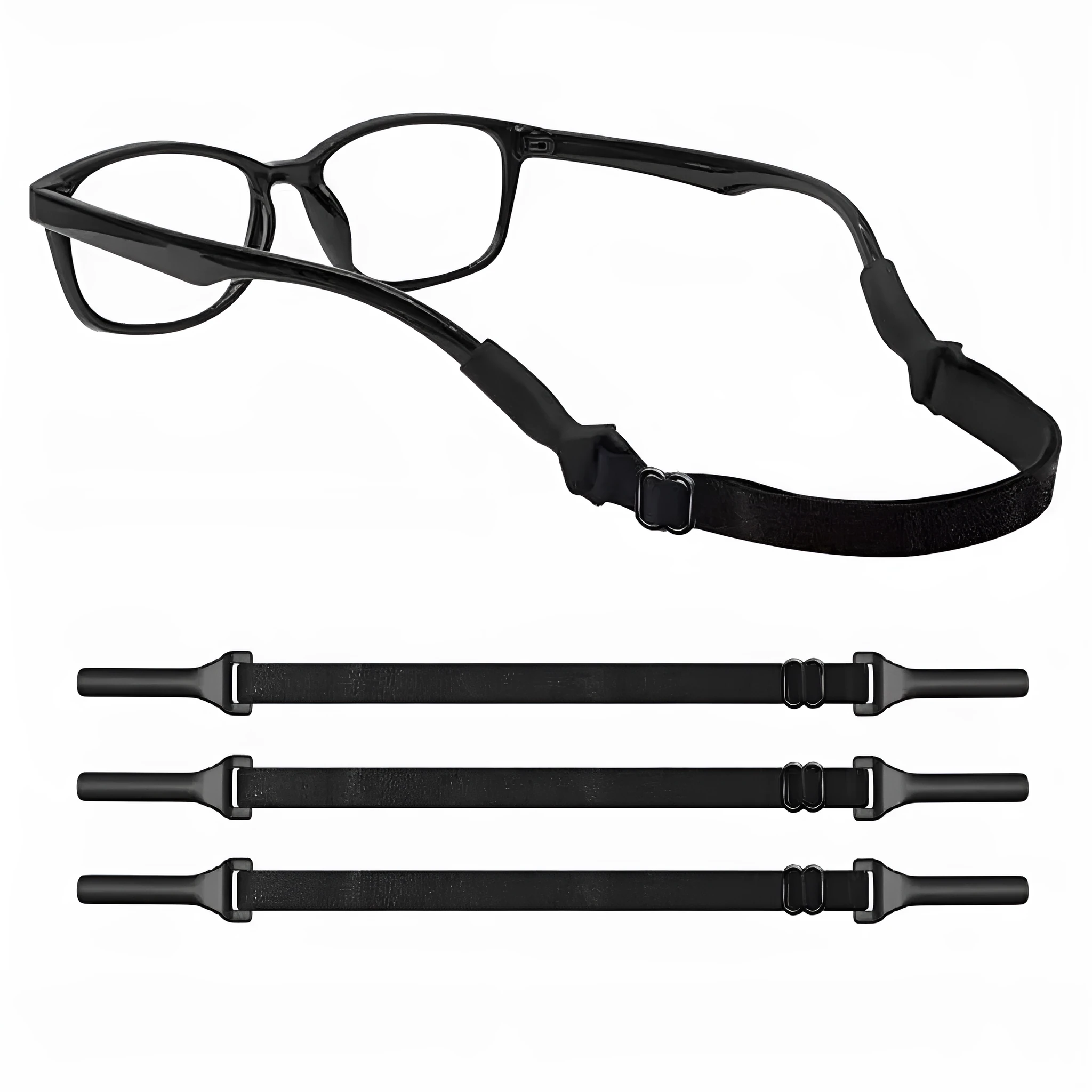 Black adjustable glasses cord with silicone earpiece hooks for spectacle retention